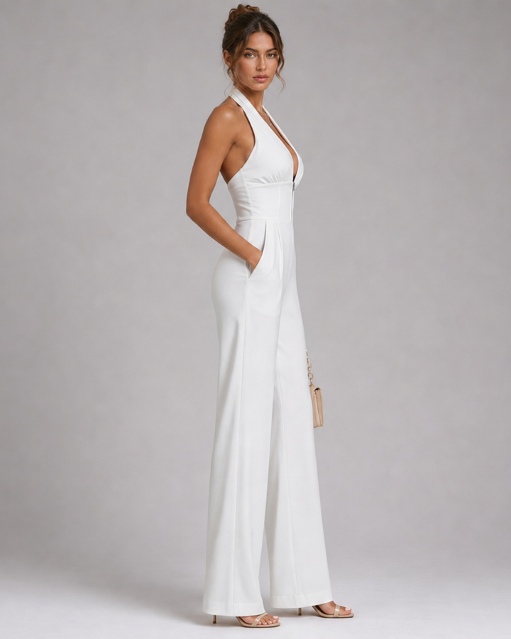 Chic women's wide-leg halter neck jumpsuit. Ideal for party wear, summer events & elegant formal occasions.