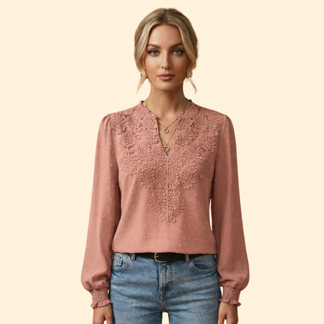 Women's fashion top: an elegant lace embroidered blouse, versatile for daily wear or special events. Delicate design.