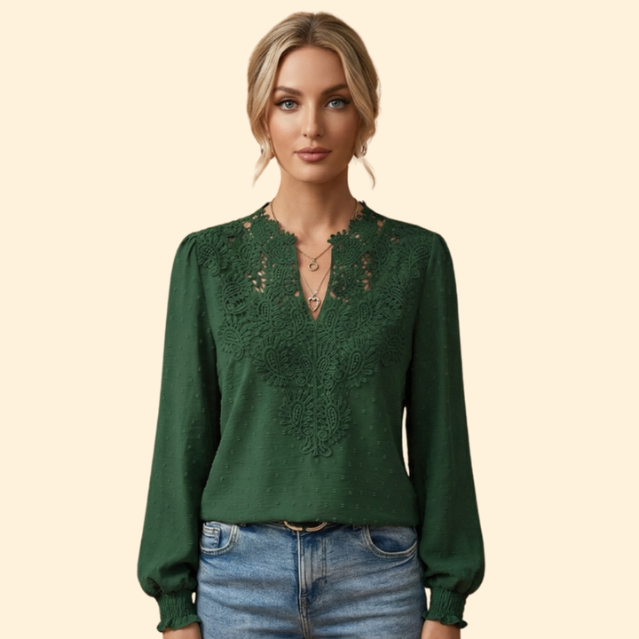 Versatile women's blouse with delicate lace and intricate embroidery, perfect for elegant formal or chic casual outfits.