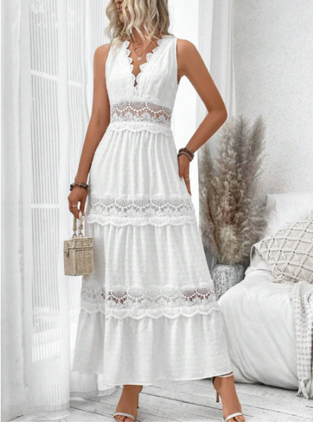 Elegant white lace V-neck maxi dress for women, perfect for summer occasions. Sleeveless and stylish casual wear.