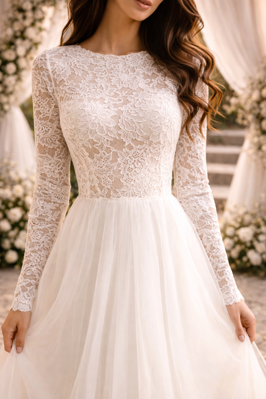Romantic women's white long sleeve wedding dress featuring an elegant textured A-line design. Ideal for a formal ceremony.