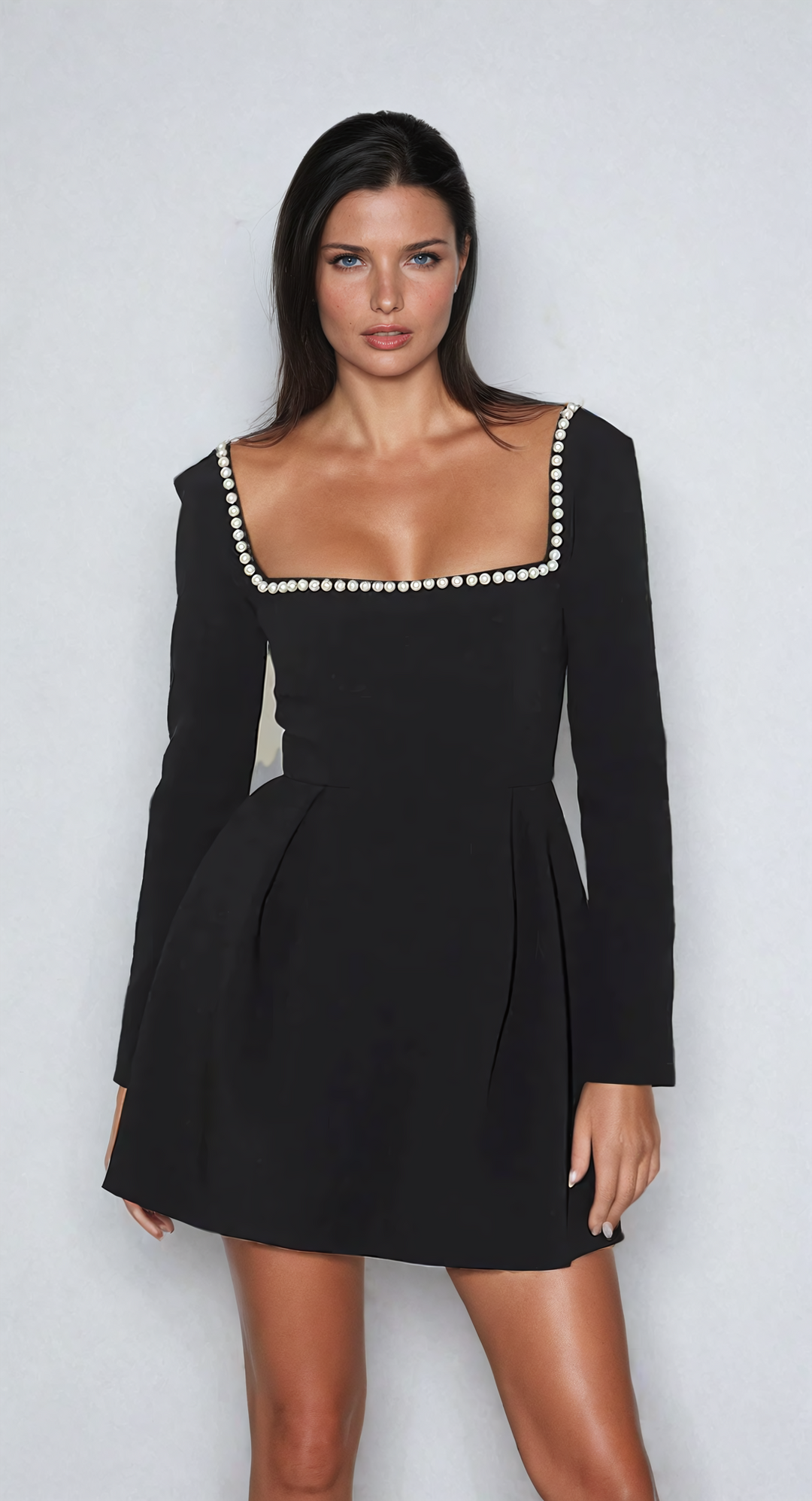Gorgeous women's pearl puff sleeve dress with a square neckline, perfect for sophisticated evening events.