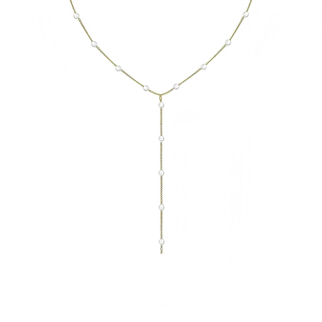 Stylish women's adjustable white pearl lariat necklace, chic and elegant, a timeless accessory.