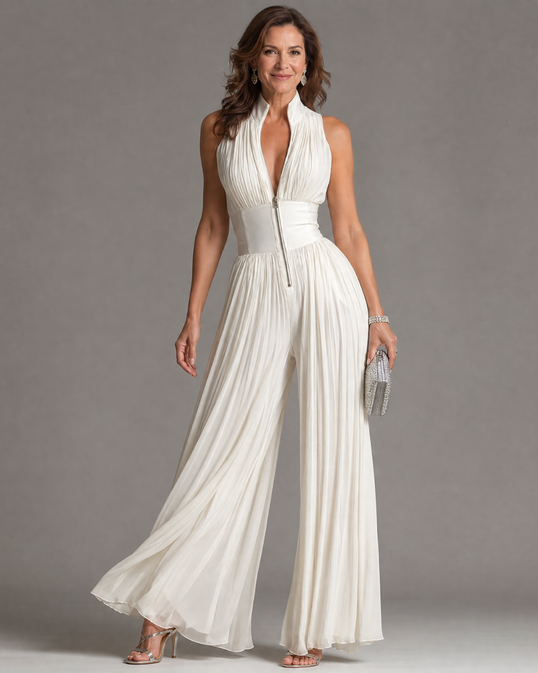 Elegant white pleated halter neck wide leg jumpsuit for women, perfect for chic summer and evening occasions.