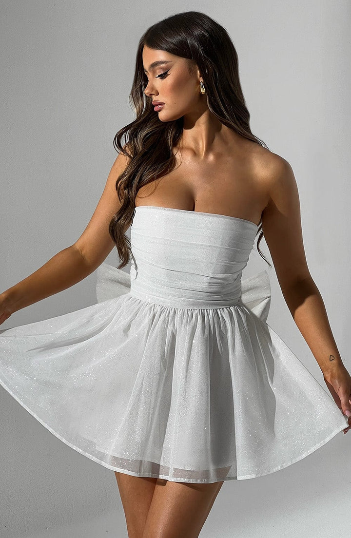 Flattering strapless A-line mini dress, designed for women's parties & evening events.