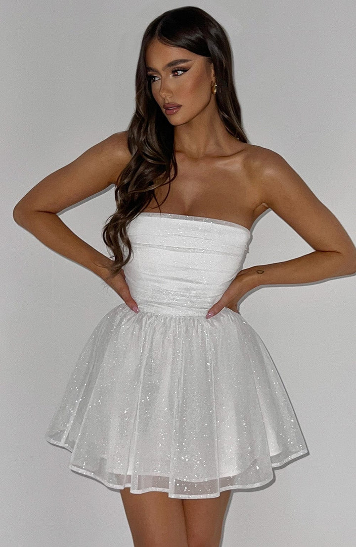 Sophisticated strapless mini party dress for women, great for evening wear & wedding guest attire.