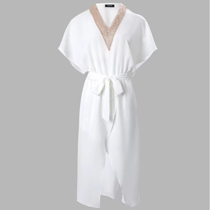 Chic white deep V-neck wrap midi dress for women, with elegant gold trim, batwing sleeves & a flattering asymmetric hem.