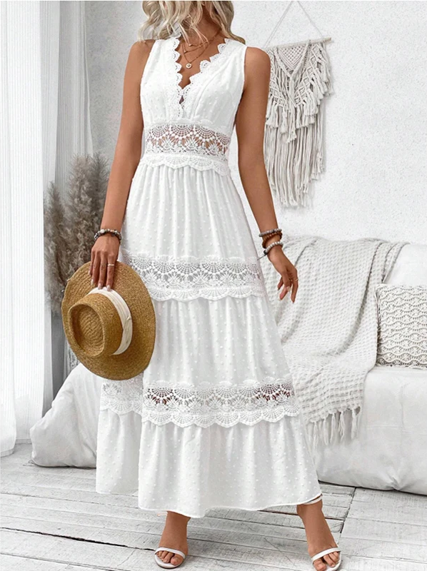 Elegant white women's lace v-neck midi dress, perfect for summer occasions. Flowy and romantic design.
