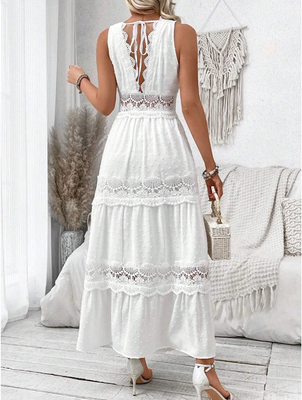 Romantic women's white lace midi dress with V-neckline. Ideal elegant summer dress for special occasions.
