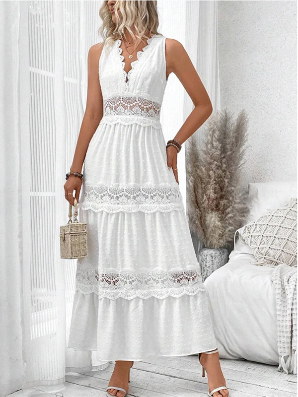 Flowy white lace midi dress for women, featuring a sophisticated V-neck. Elegant and romantic summer occasion wear.