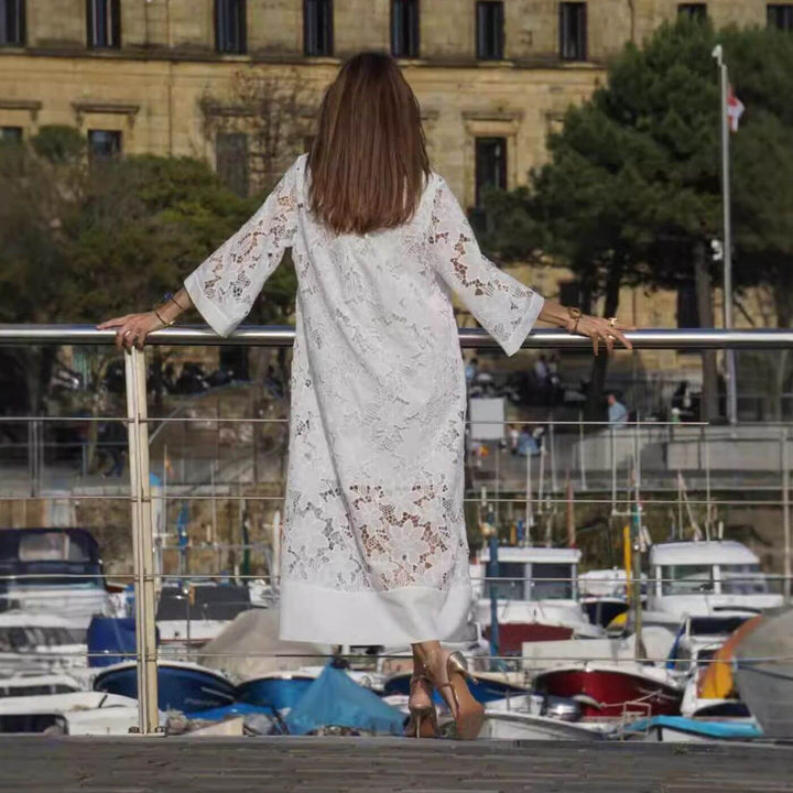 Versatile white women's lightweight maxi dress with flowy loose sleeves, elegant V-neck design, perfect for summer.