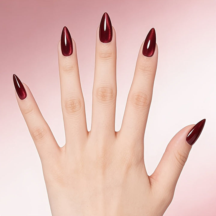 Reusable wine red press-on faux gel nails. Achieve a glamorous, elegant manicure quickly with this DIY beauty set.