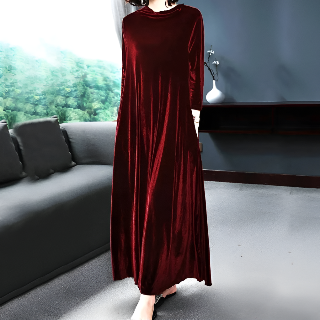Elegant wine-red long-sleeve midi party dress for women, perfect for evening wear & special occasions.