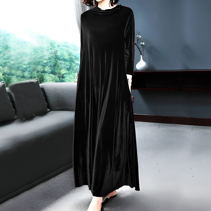 Women's sophisticated wine-red long-sleeve dress, ideal for formal events, holiday parties & evening wear.