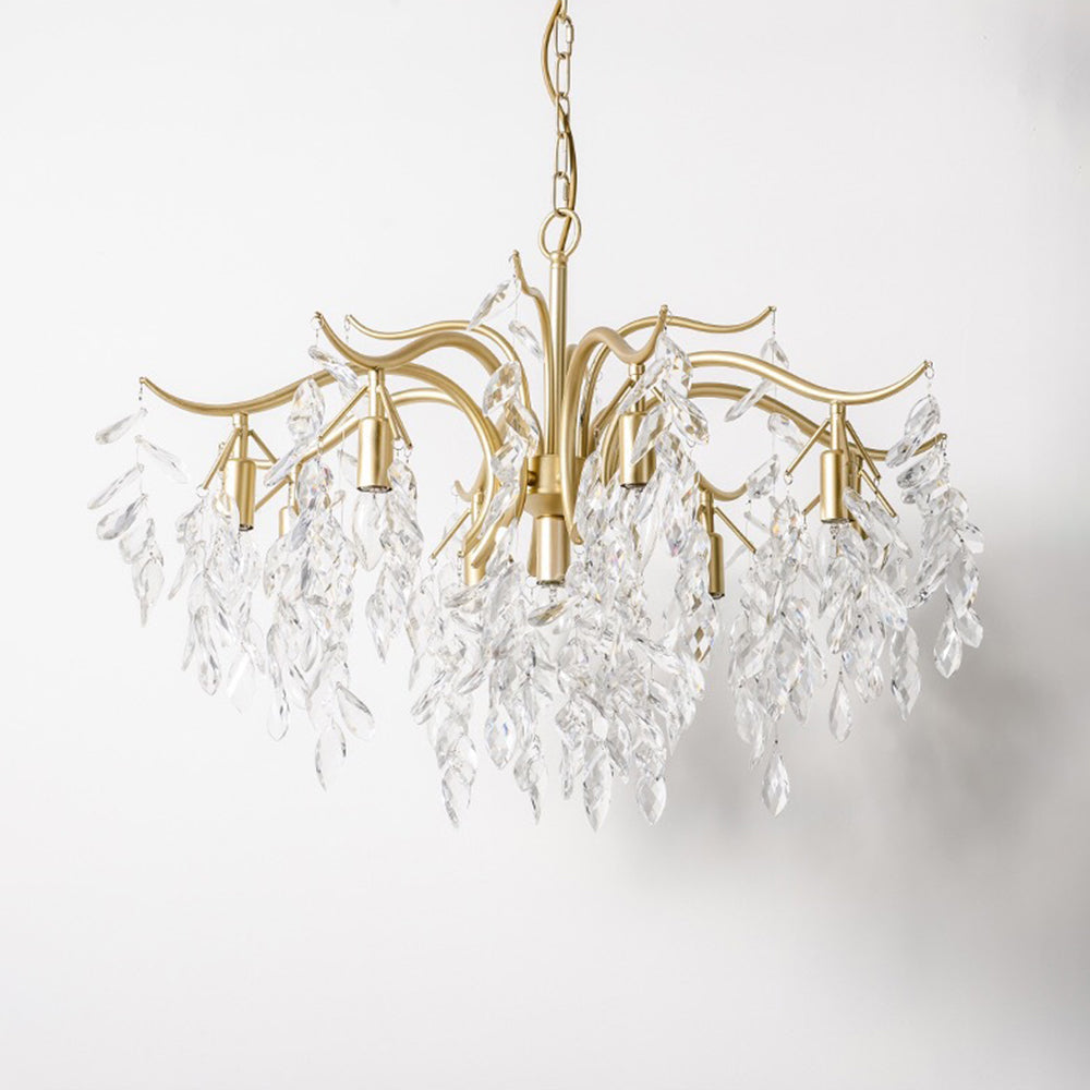 Designer wisteria chandelier, gold finish, black details, brilliant crystal lighting.