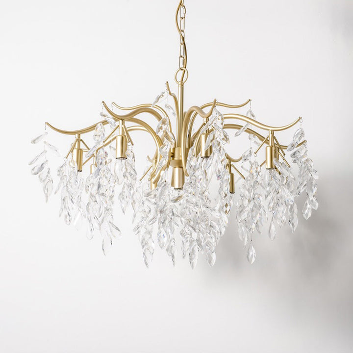 Designer wisteria chandelier, gold finish, black details, brilliant crystal lighting.