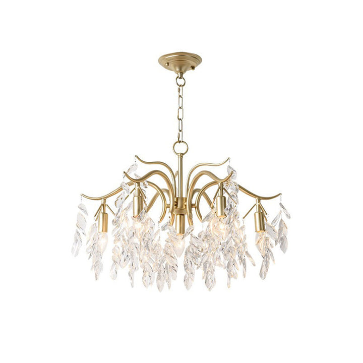 Elegant black wisteria chandelier, gold base, shimmering crystal details, lighting.
