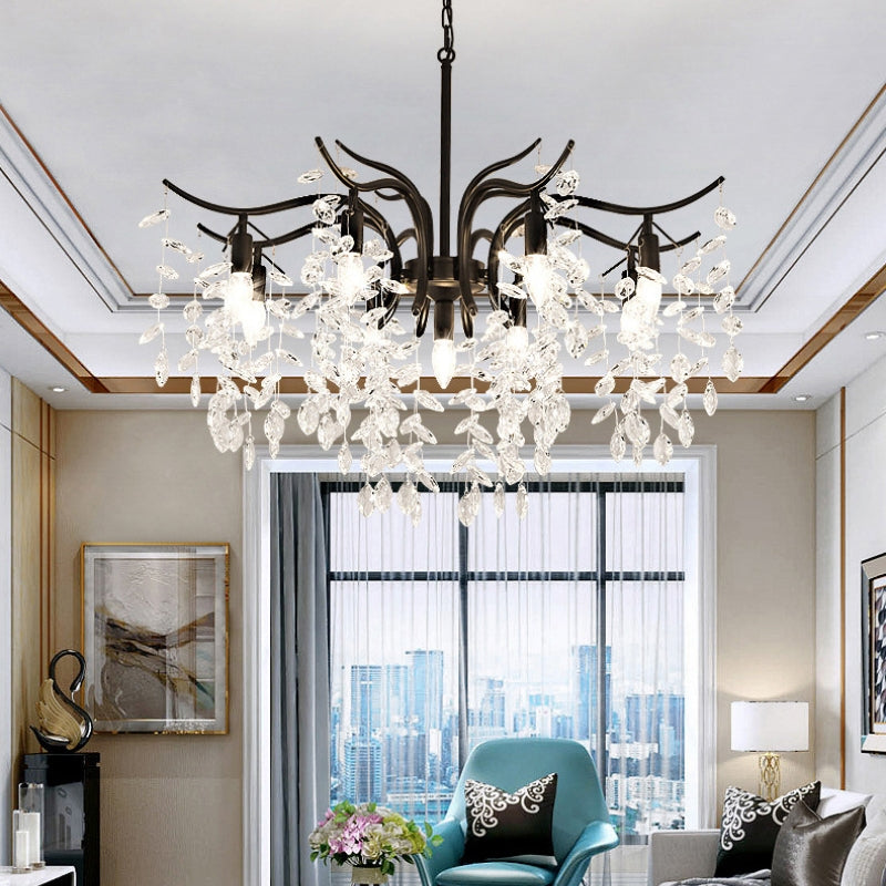 Luxury home decor wisteria chandelier, sparkling crystal and gold elements, dining room.