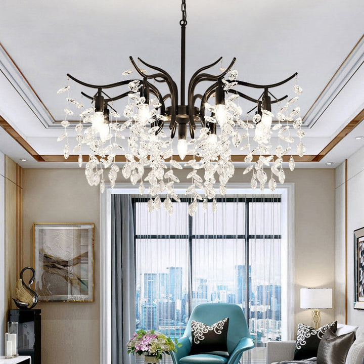 Luxury home decor wisteria chandelier, sparkling crystal and gold elements, dining room.