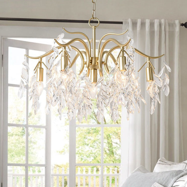 Gold & black wisteria chandelier, crystal details, sophisticated living room lighting.