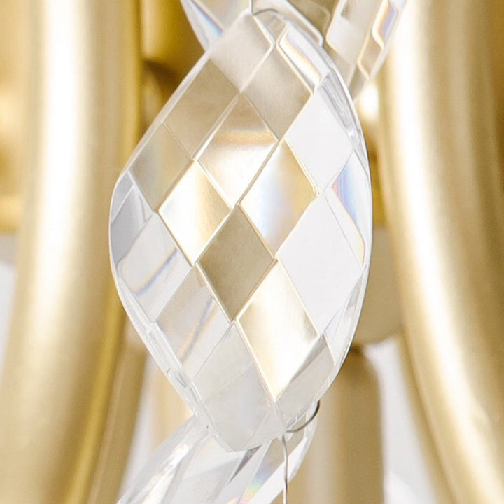 Intricate wisteria design chandelier, gold accents, sparkling crystal details.