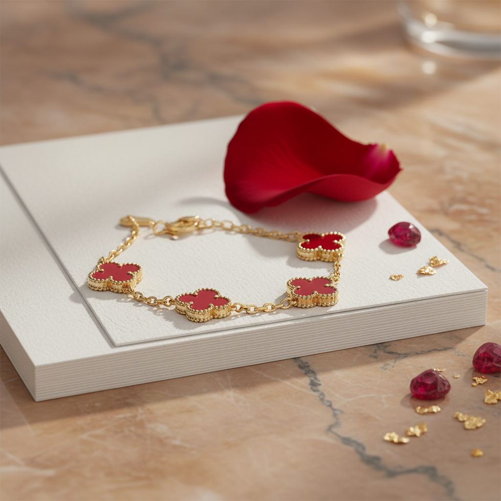 Luxurious 18k gold-plated clover leaf bracelet for women. Stylish and elegant jewelry accessory.