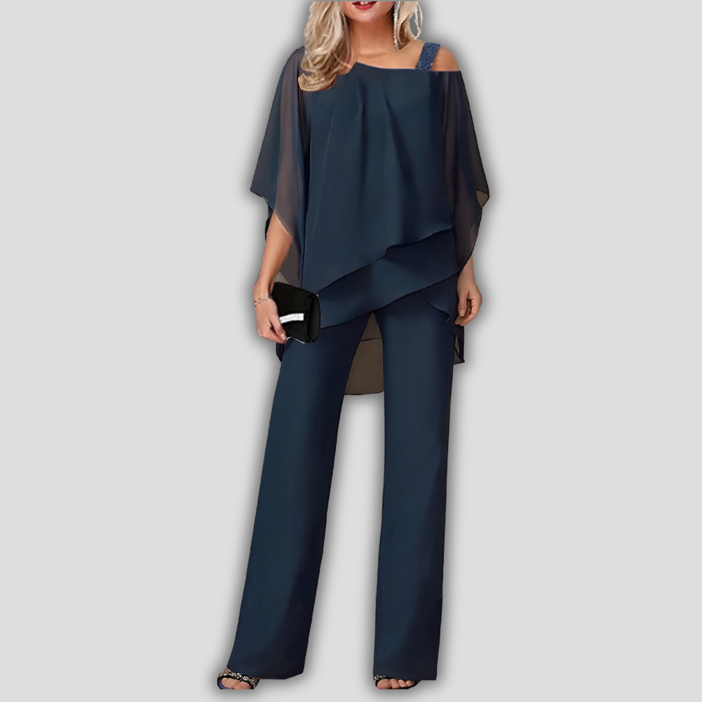 Elegant women's 2 piece pantsuit: cold shoulder cape top & wide leg pants. Perfect for formal or casual chic.