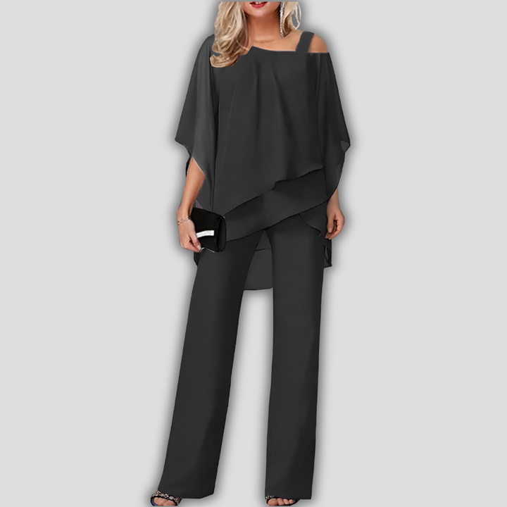 New elegant women's pantsuit with a stylish layered cape top & sophisticated wide-leg pants. Formal or casual.