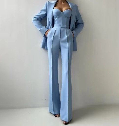 Elegant women's 3-piece suit: single button blazer, sweetheart camisole & high-waist flared pants. Office wear.