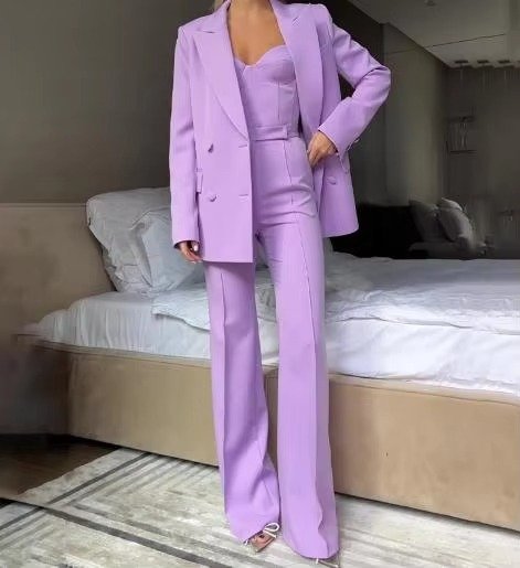 Versatile women's elegant 3-piece blazer suit set with high-waist pants & camisole. Perfect formal, office wear.