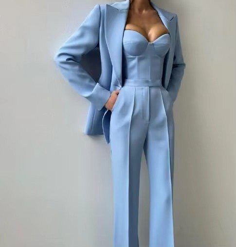 Professional women's elegant 3-piece suit: blazer, sweetheart camisole & high-waist pants. Business office wear.