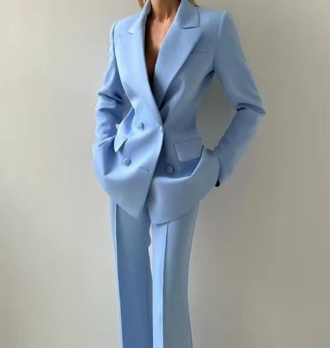 Coordinated women's 3-piece elegant suit set: single button blazer, camisole & high-waist flared trousers.