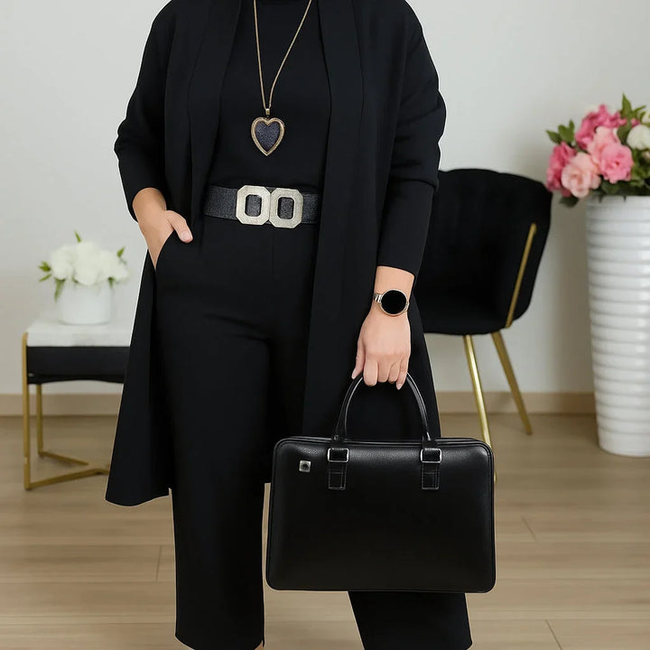 Elegant women's 3-piece co-ord set: knit cardigan, camisole, & wide-leg trousers. Perfect for fall/spring fashion.
