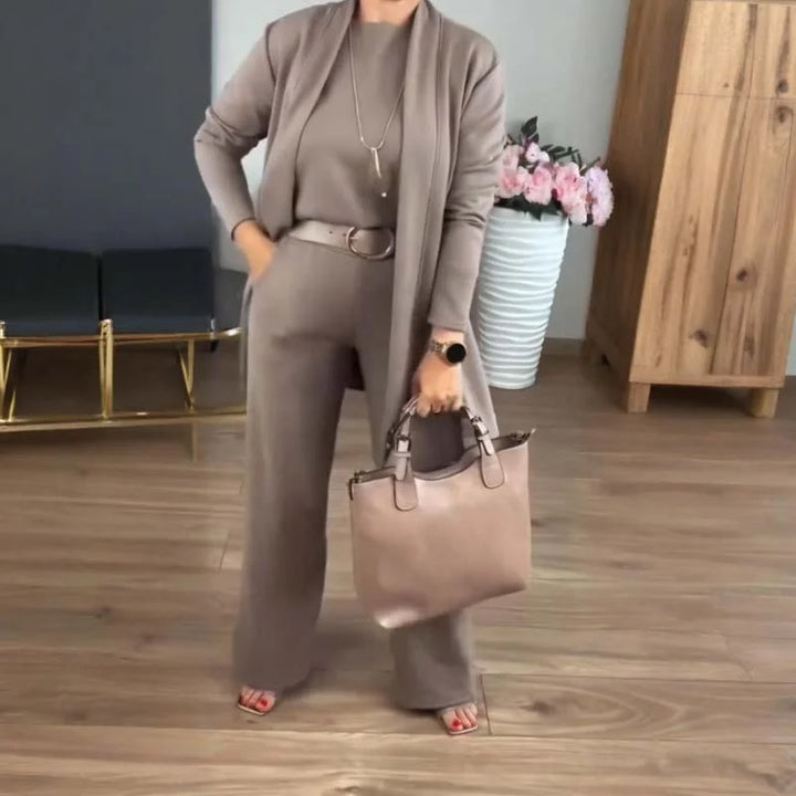 Chic women's fall fashion 3-piece sweater set. Knit cardigan & wide-leg pants for an elegant matching outfit.