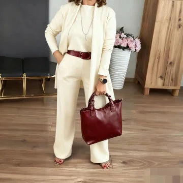 Comfortable & elegant women's 3-piece matching set. Soft knit cardigan, camisole, & wide-leg pants outfit.