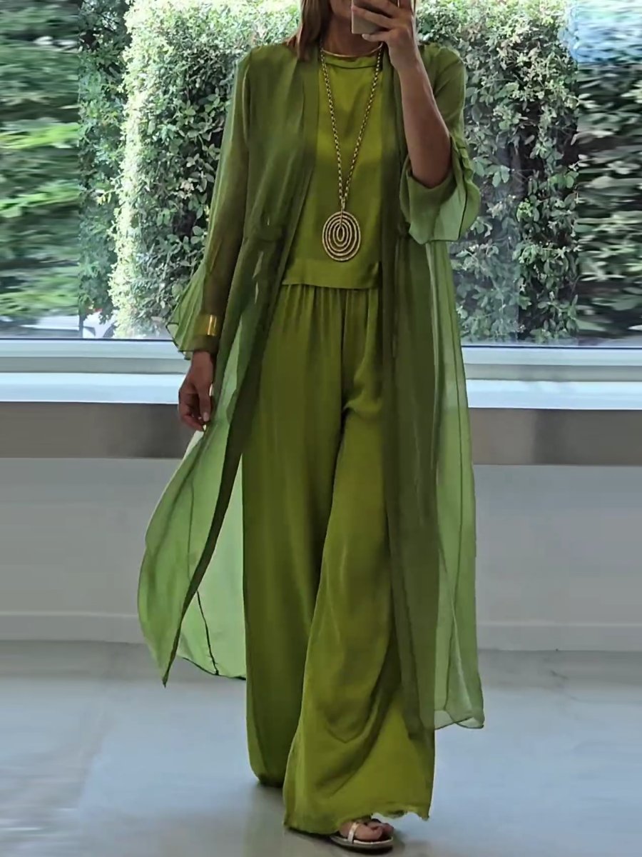 Women's coordinated green 3-piece lounge set: comfortable cardigan, camisole, & wide-leg pants. Versatile elegant fashion.
