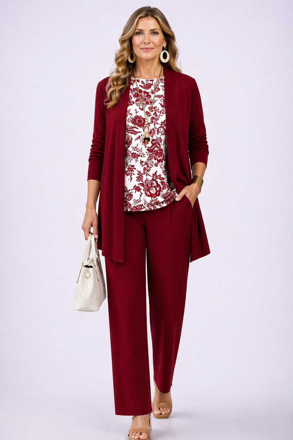 Elegant women's 3-piece set: long sleeve top, wide leg pants in earthy tones. Comfortable, casual chic for spring/fall.