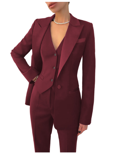 Close-up of elegant women's 3-piece suit fabric, highlighting sophisticated quality for professional business wear.