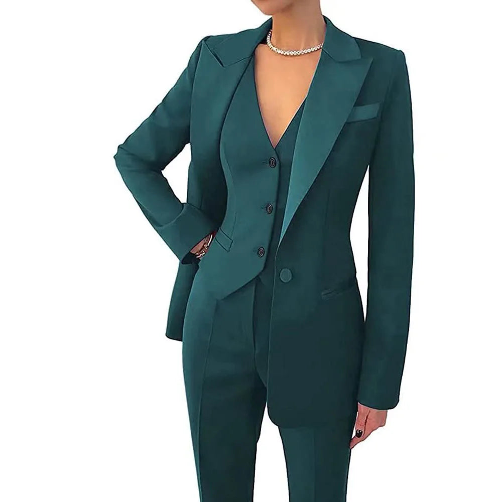 Woman modeling elegant 3-piece professional suit set with blazer, vest, & trousers for sophisticated business fashion.