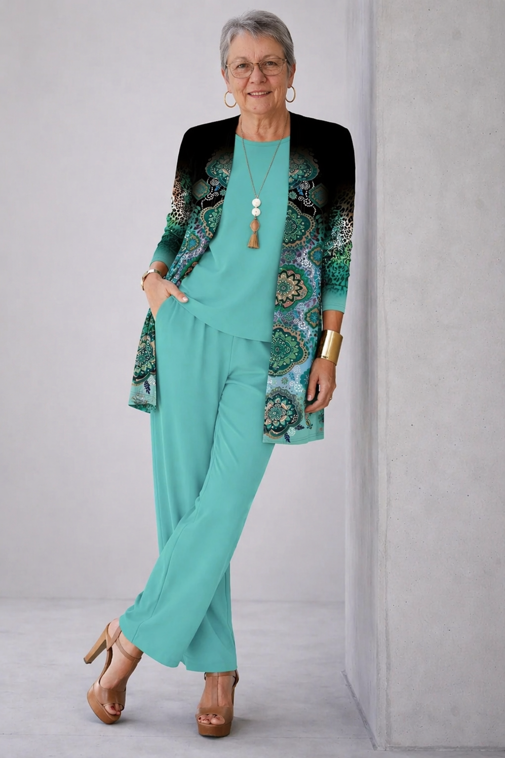 Elegant women's 3-piece teal green set: cardigan, top & wide-leg pants. Perfect for casual elegance, spring/autumn comfort.