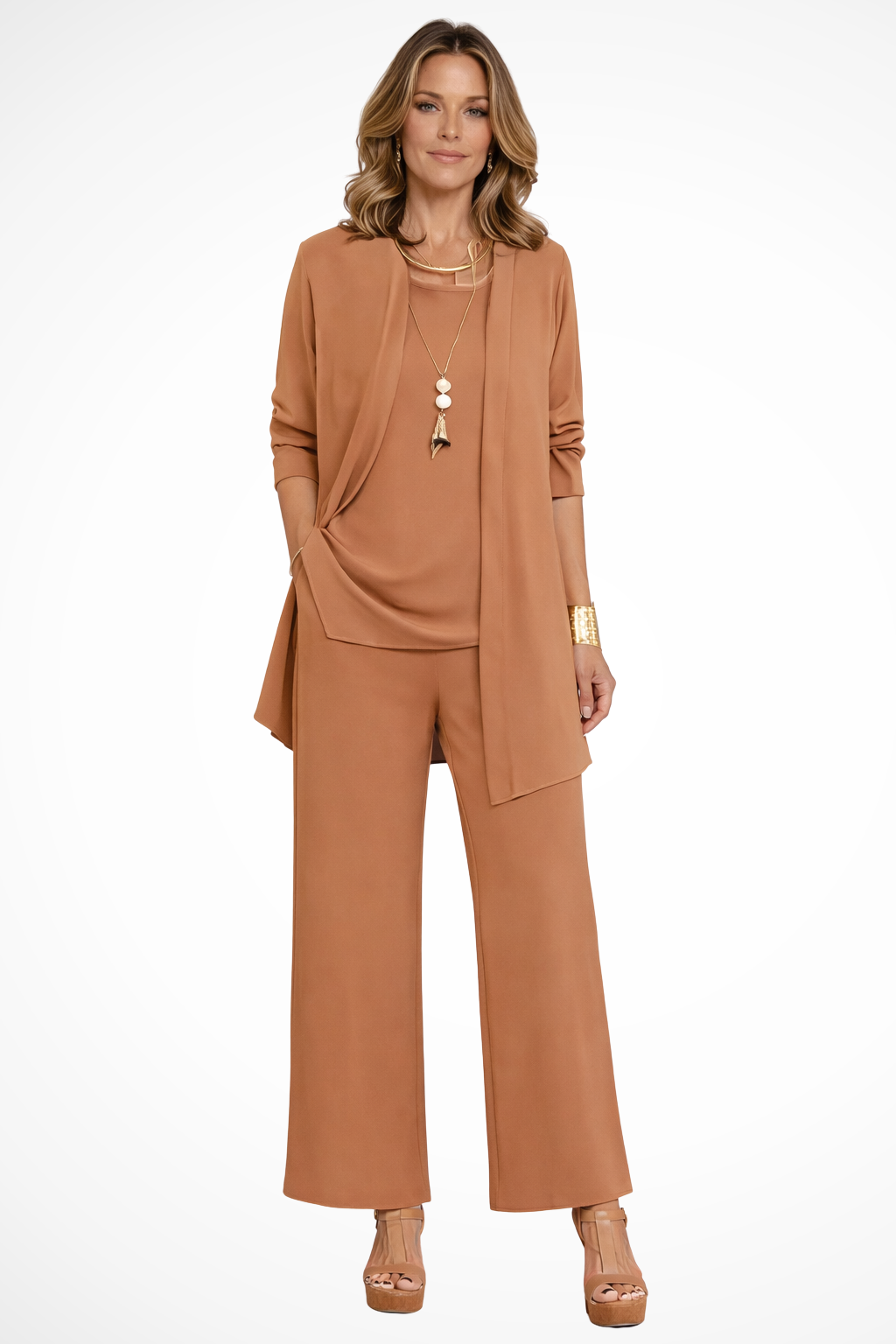 Elegant women's 3-piece trouser set with open jacket, sleeveless top, and wide-leg pants. Perfect for professional wear.