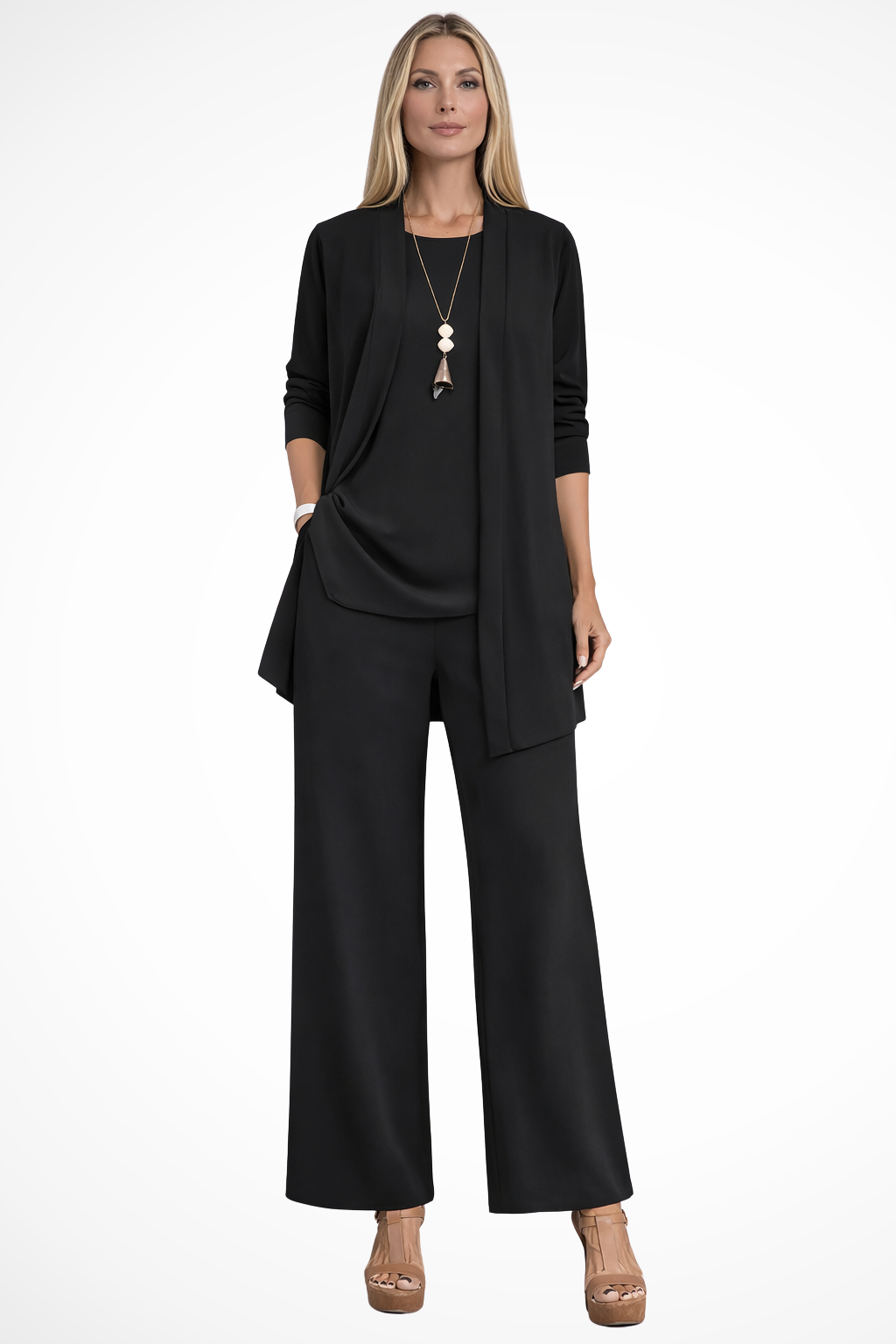 Stylish women's business casual 3-piece set featuring a jacket, matching top, and wide-leg trousers. Versatile.