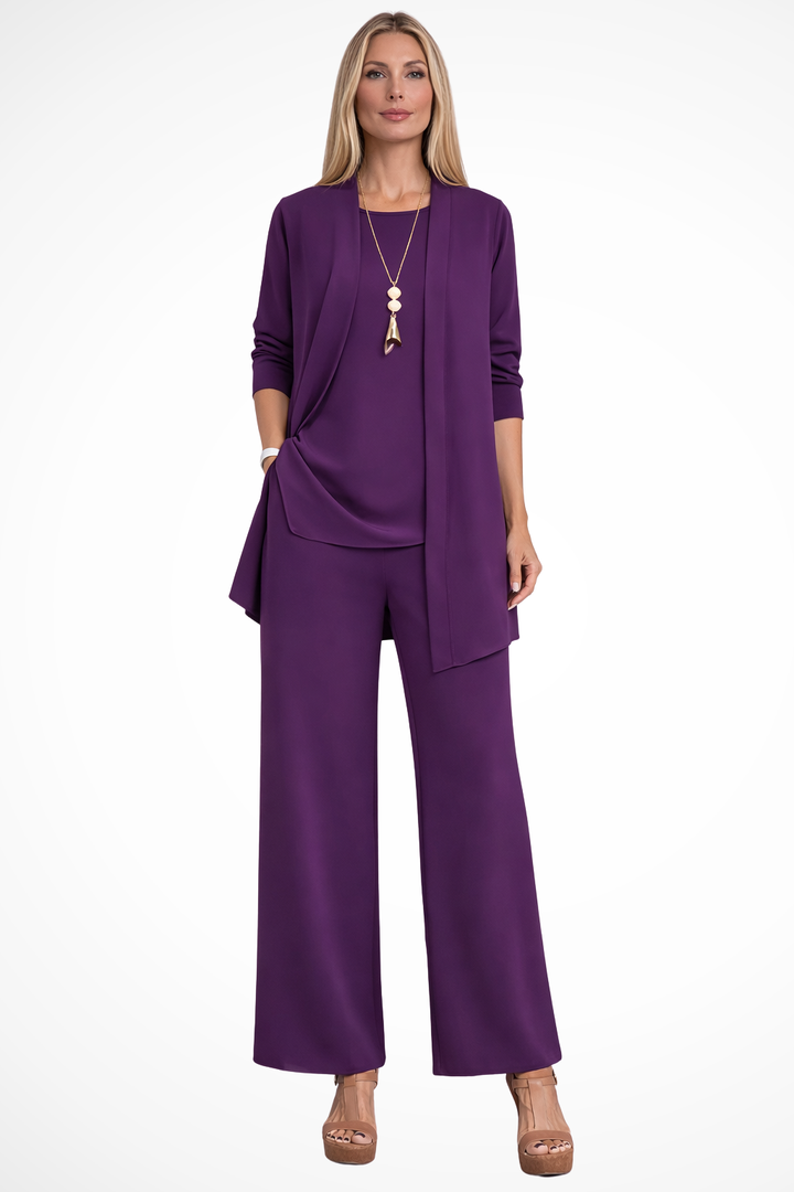 Women's sophisticated 3-piece outfit with elegant wide-leg trousers, a sleeveless top, and an open jacket.
