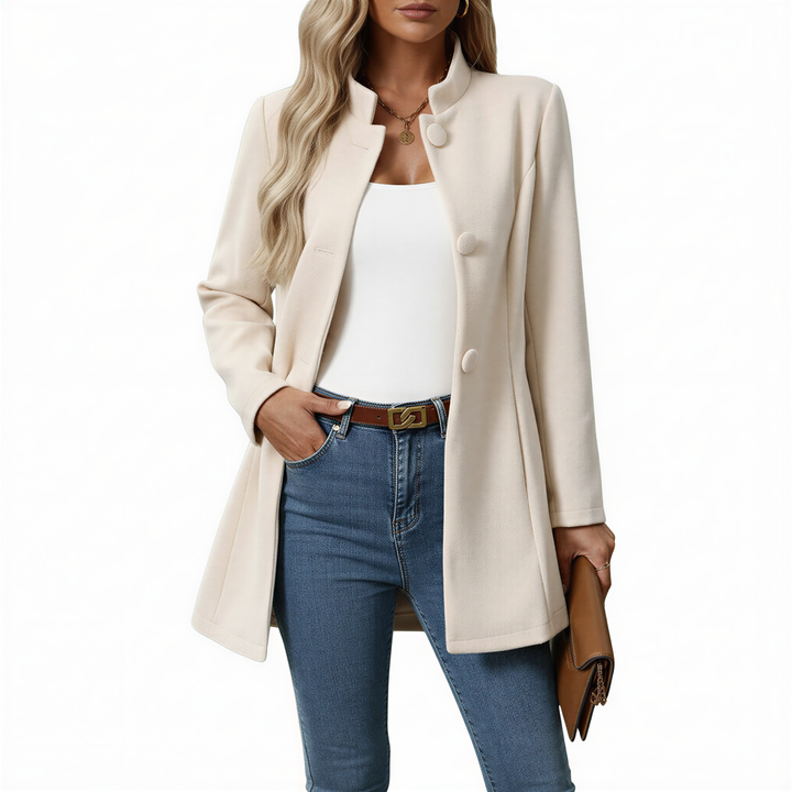 Chic women's A-line long-sleeve button-down coat. Versatile elegant outerwear for fall & winter.