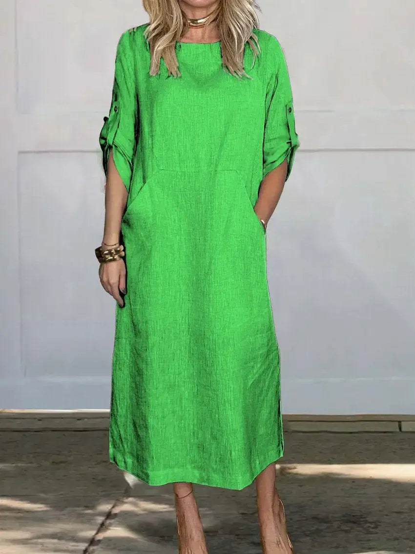 Chic women's draped A-line evening dress. An elegant, loose-fit formal dress for any special occasion.