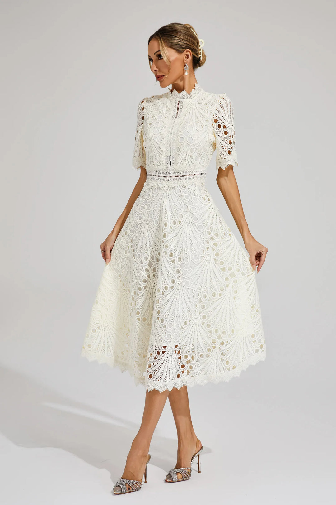Elegant women's A-line lace midi dress with fit & flare silhouette, perfect for special occasions.