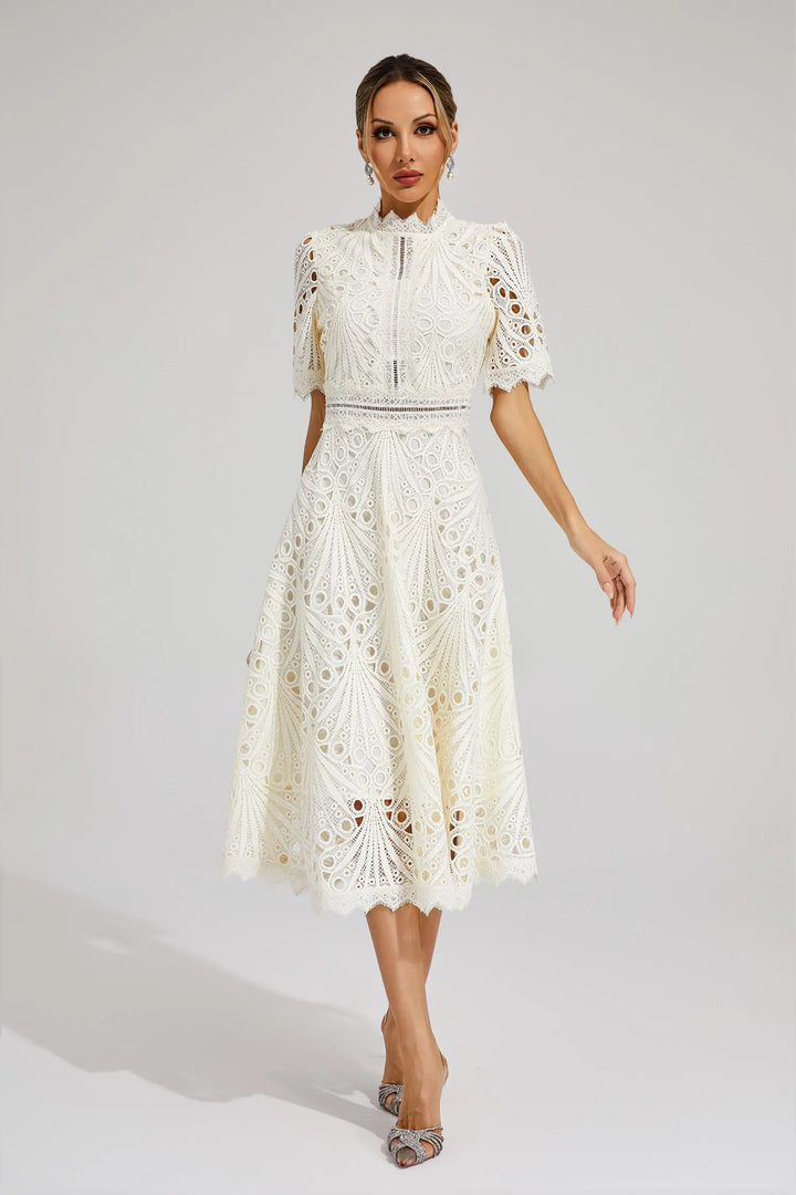 Versatile women's elegant lace midi dress, A-line fit, suitable for special occasions & parties.