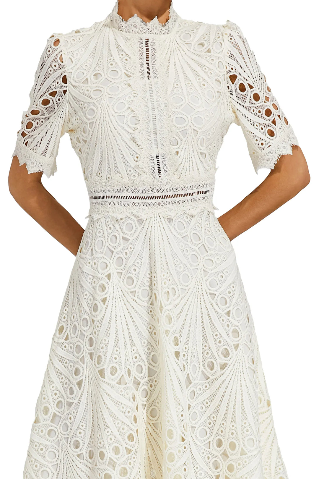 Stunning women's elegant lace midi dress, A-line fit & flare, mock neck, perfect for any special event.