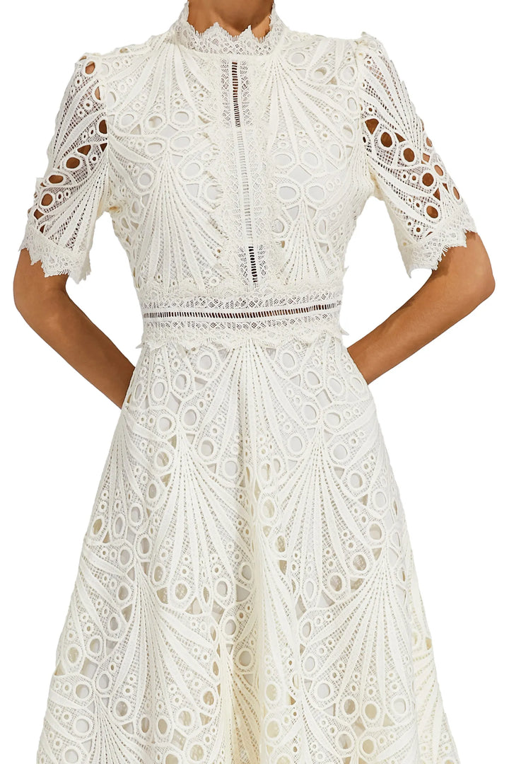 Stunning women's elegant lace midi dress, A-line fit & flare, mock neck, perfect for any special event.