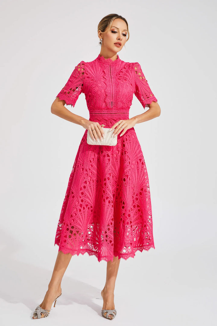 Chic mock neck lace midi dress for women, featuring short sleeves & a flattering A-line fit.
